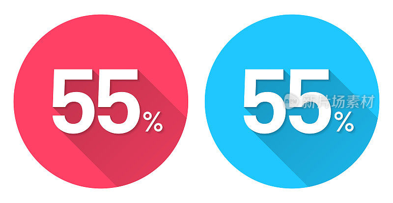 55% - 55%。圆形图标与长阴影在红色或蓝色的背景